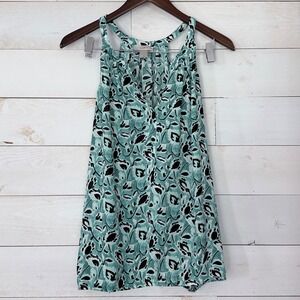 LOFT Ann Taylor Teal Black Floral Sleeveless Blouse Racerback Top Womens Medium